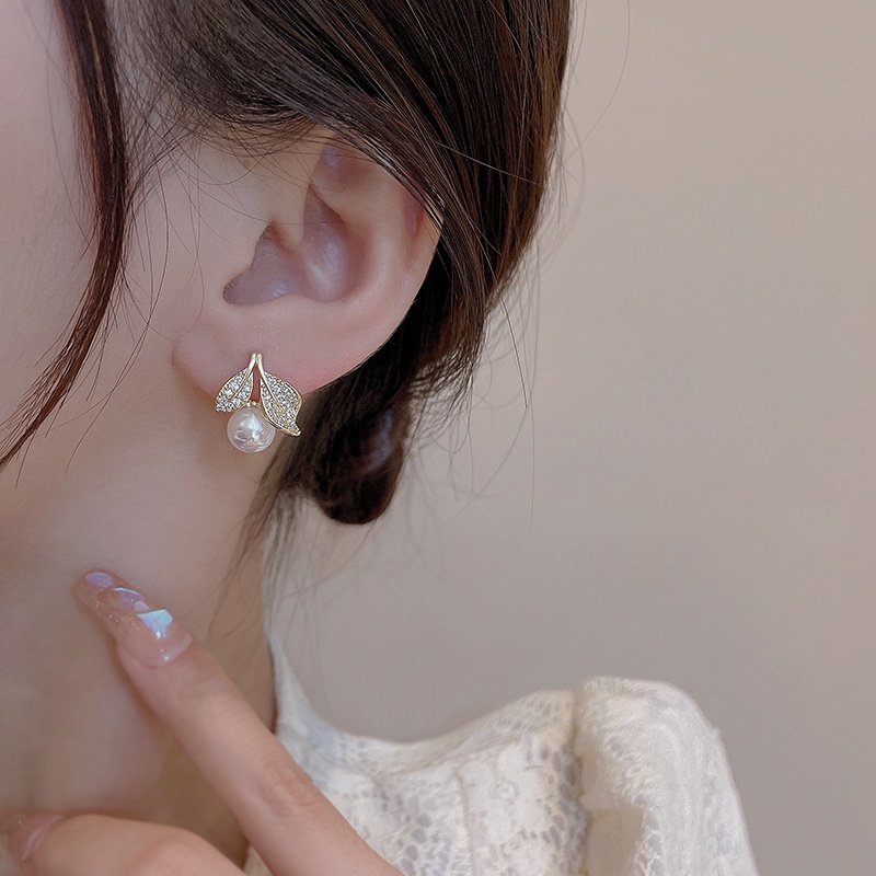 Anting Tusuk Silver S925 Desain Daun Hias Mutiara Berlian Untuk Wanita