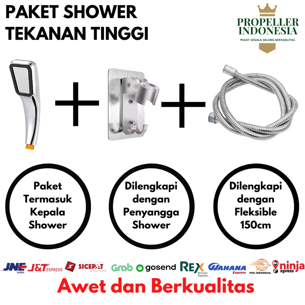 Paket Kepala Shower 300 Lubang Penyangga Shower dan Fleksible 150cm