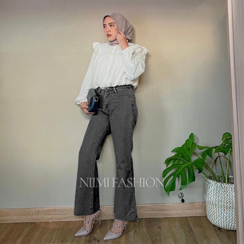 NIMI - Michella Celana Jeans Cutbray Wanita Cutbray Highwaist Jeans Unfinished