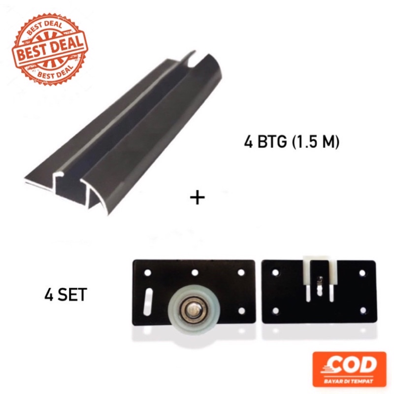 (2 Pintu) Paket 4 Rel Lemari Sliding Timbul 380 Lenaga 1.5 Meter + 4 Set Roda SD 380 Pintu Lemari Sliding / Geser