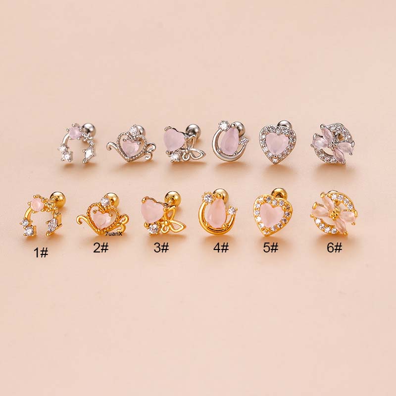 1pc Anting Tindik Tulang Rawan Telinga Bentuk Hati Pink Bahan Stainless Steel 20Gauge Dengan Zircon