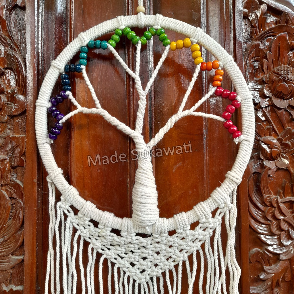 Dream catcher jaring sulam diameter 27cm variasi bola pohon bulu Rainbow