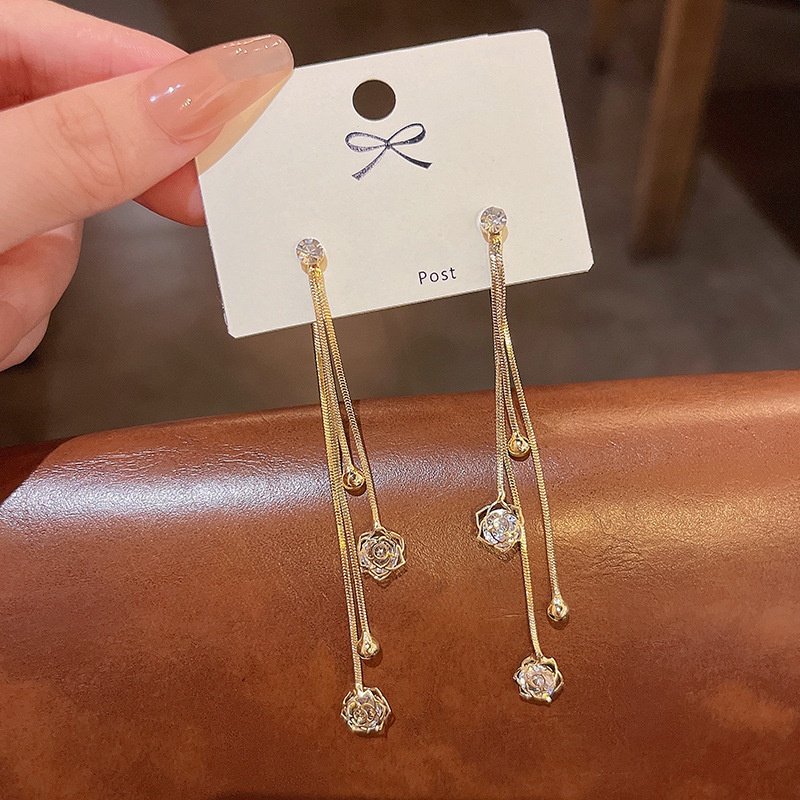 Anting Tusuk Gantung Bahan Sterling silver 925 Desain Mawar Hias Zircon Gaya Mewah Untuk Wanita