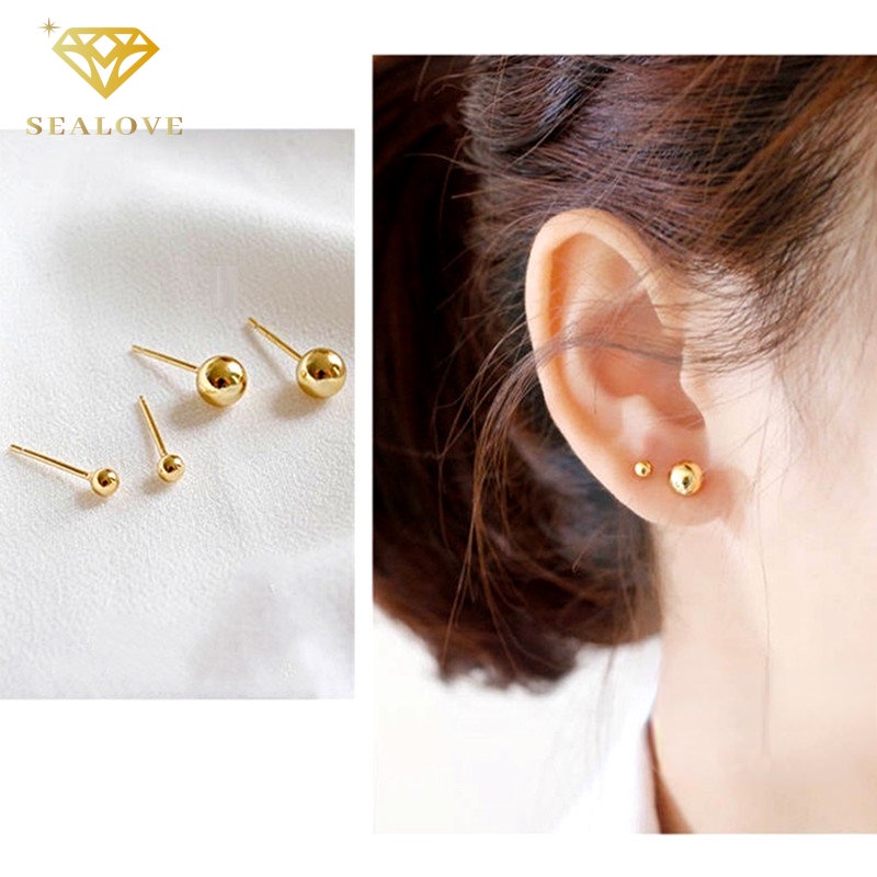 SEALOVE Anting Titanium Wanita Anti Karat Needle Bentuk Emas Bola Manik-Manik Stud Earrings Hypoallergenic Ukuran Kecil 4MM 6MM