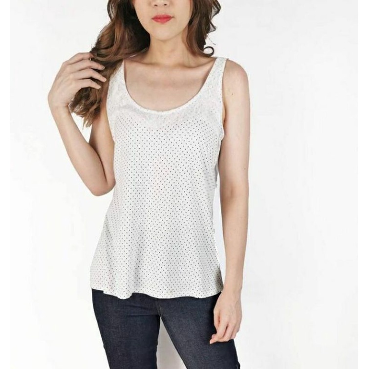 Basic white polkadot white lace trim soft tank