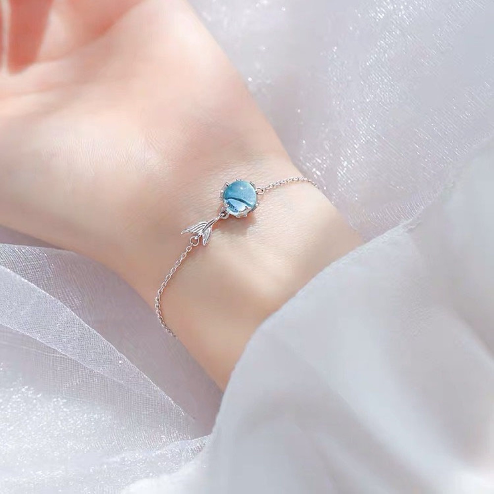 Gelang Silver S925 Hias Ekor Mermaid Warna Biru Gaya Korea Untuk Wanita