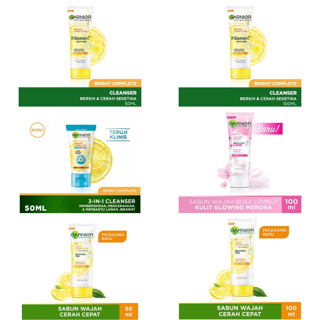 Garnier Facial Foam 50ml - 100ml Sabun Cuci Muka Whip Serum Vitamin C