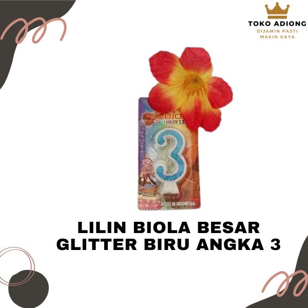 LILIN BIOLA BESAR GLITTER BIRU ANGKA 3 - BIRTHDAY CANDLE