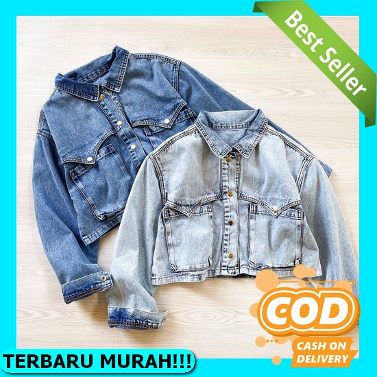 Bee Jeans - Ootd Atasan Wanita Kekinian - Jaket Crop Kancing Belakang Impor - Jaket Crop Top Denim W