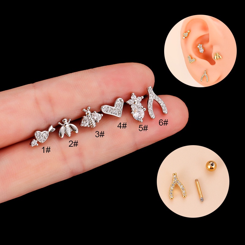 1 Pc Anting Stud Sekrup Tindik Bentuk Barbel Bunga Lebah Hati Bahan Stainless Steel 16