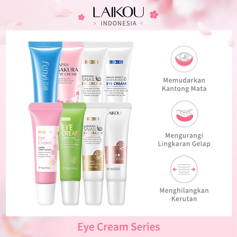 LAIKOU Sakura Eye Cream Green Tea Asam Hyaluronic Memudarkan Mata Panda Kerutan Kantong Mata