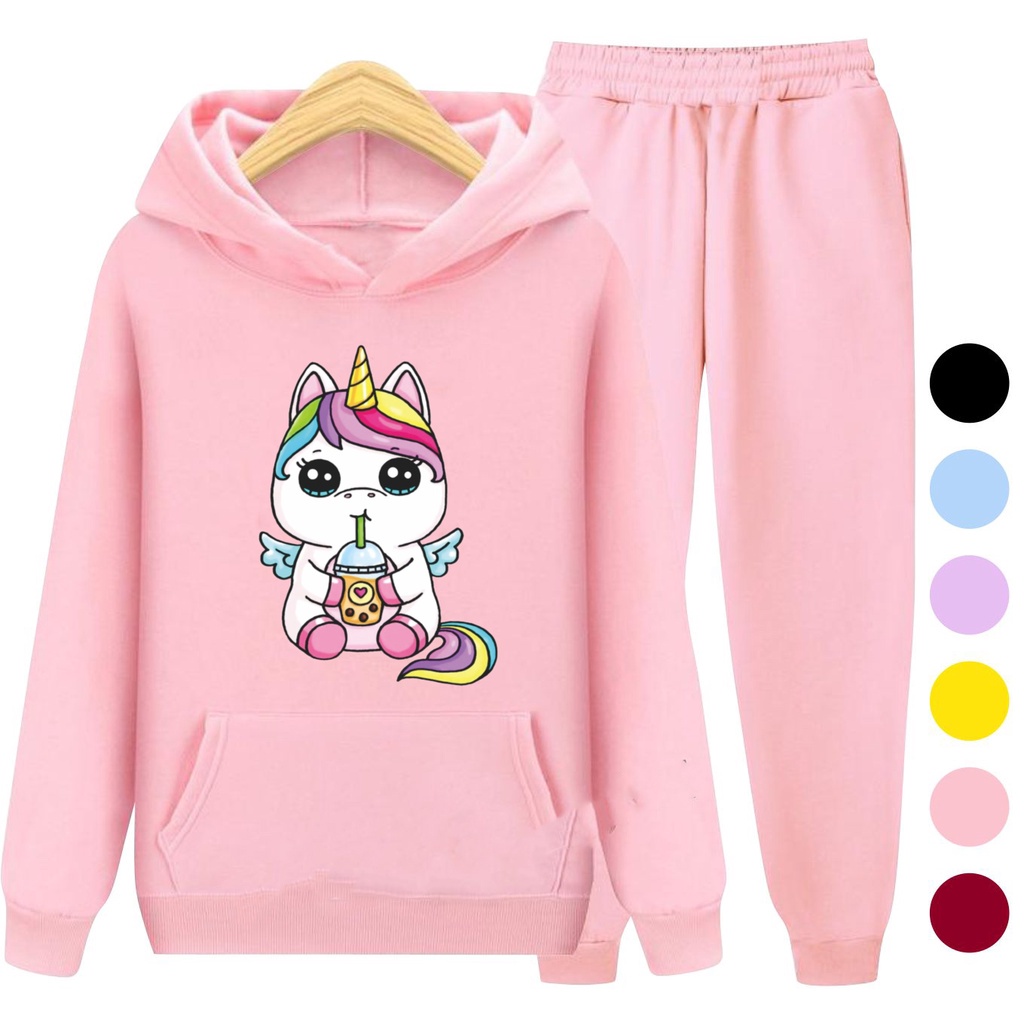 Setelan Sweater Anak + Celana RAINBOW PONY / Set Sweater Hoodie Anak Perempuan Kekinian Viral Terbaru