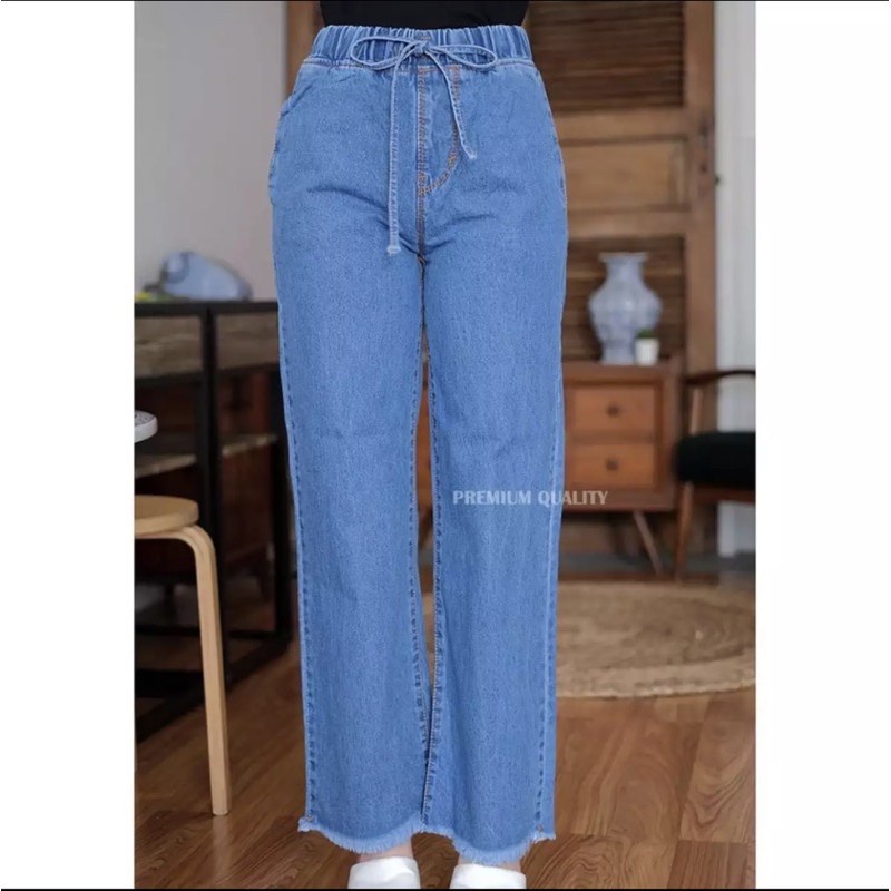 CELANA PANJANG JEANS HIGH WAIST KULOT JEANS PINGGANG KARET RAWIS