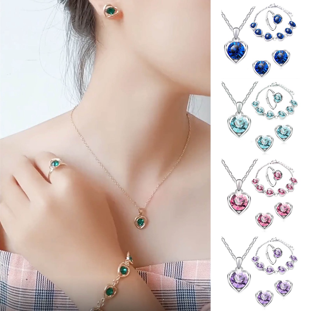 4pcs / Set Kalung Anting Gelang Cincin Liontin Hati Aksen Berlian Imitasi Adjustable Untuk Wanita