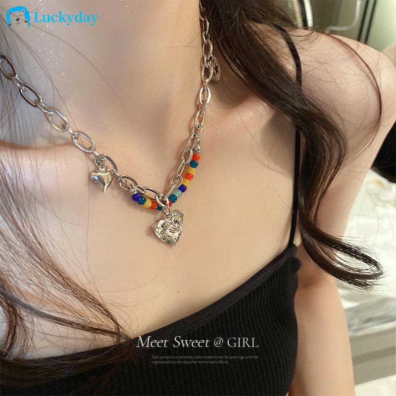 YEEZII Kalung Rantai Choker Liontin Manik-Manik Hati Warna-Warni Untuk Wanita