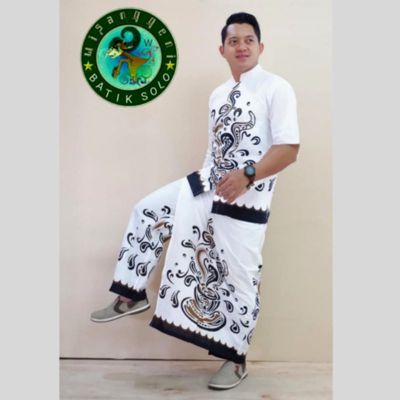 Fashion Muslim Baju Koko Setelan Sarung Celana Pria Dewasa Kombinasi Kemeja Batik Lengan Panjang Pen