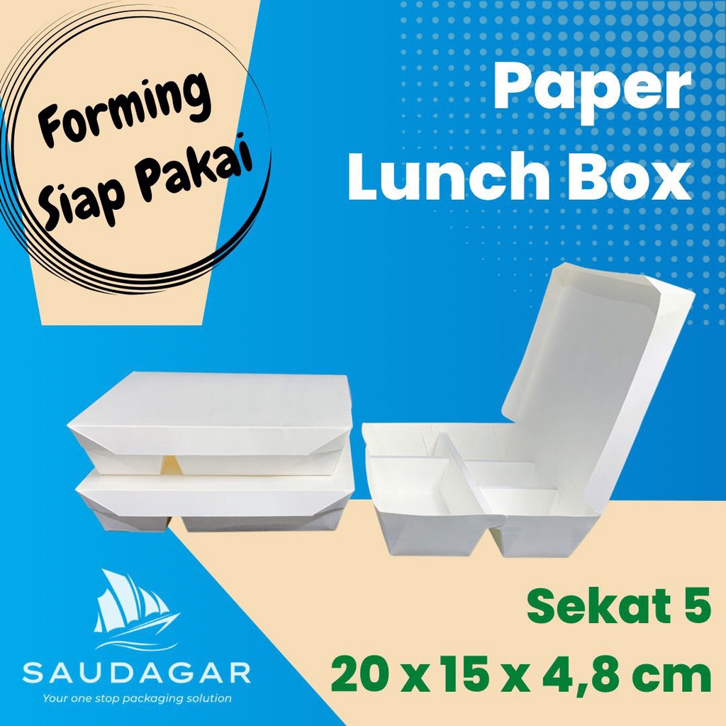 Paper Lunch Box Putih 5 Sekat / Kotak Makan Bento Siap Pakai 1 pack isi 50 pcs