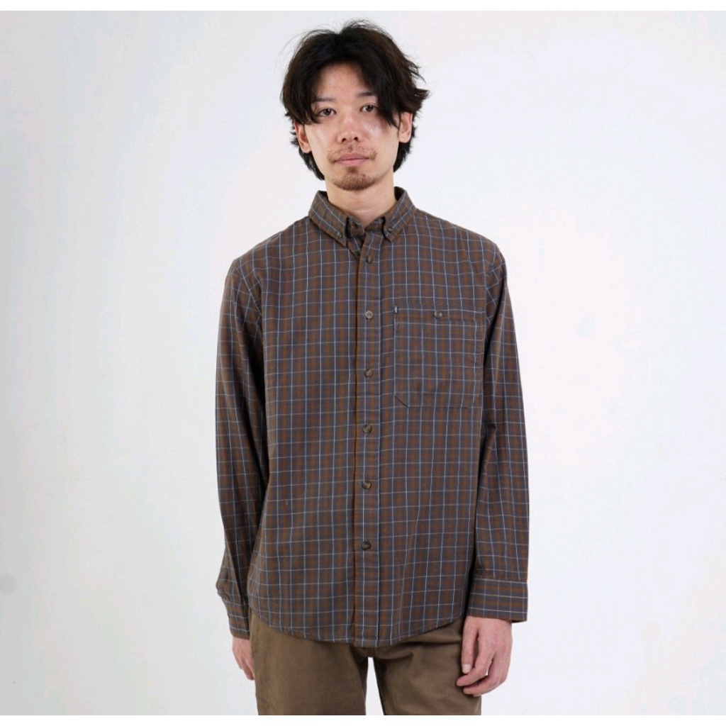 Kemeja Pria Original MGEE Lengan Panjang Jason 011 Dark Grey Kotak Kotak Saku Depan