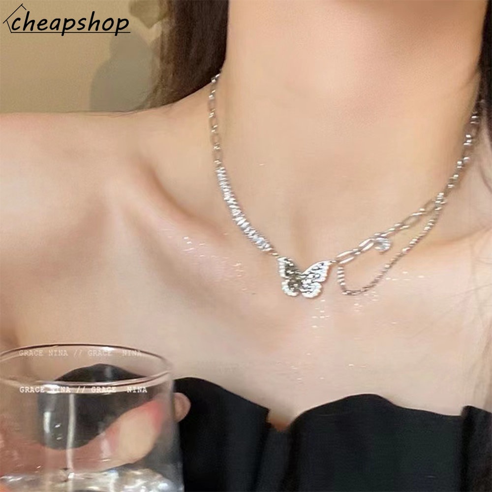 IFYOU Kalung Rantai Choker Liontin Kupu-Kupu Hitam Bahan Zirkon Gaya Vintage Untuk Wanita