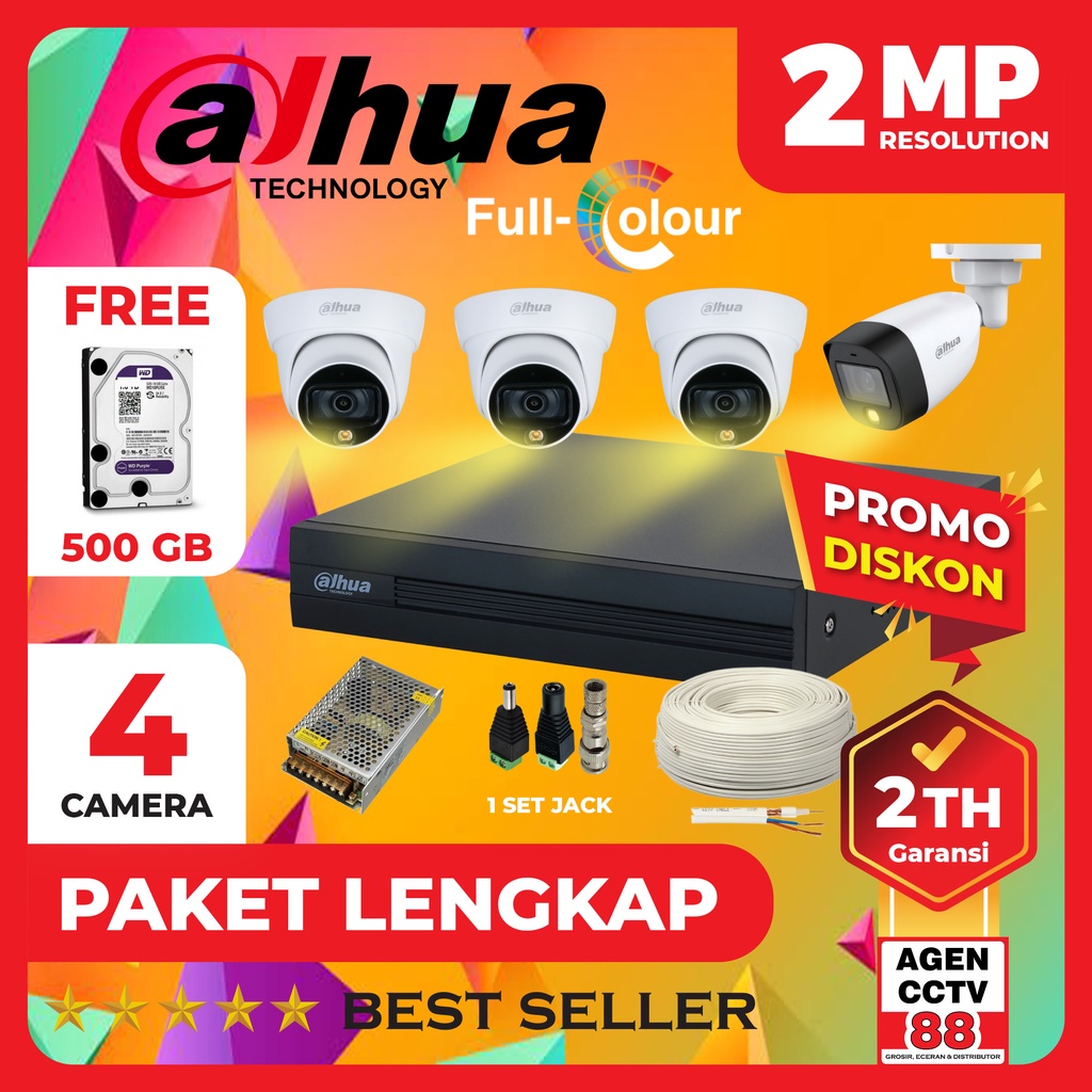 Paket CCTV DAHUA 4 Channel Kamera 4CH FULL COLOR 2MP Colorvu  Lengkap