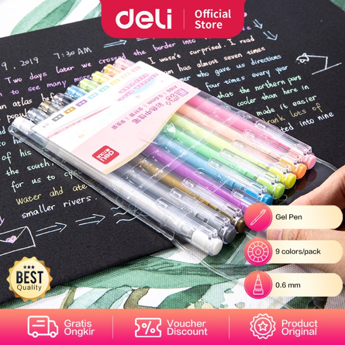 

Deli Colorful Gel Pen Pulpen Gel 0.6mm 9pcs/pack Warna-Warni A166