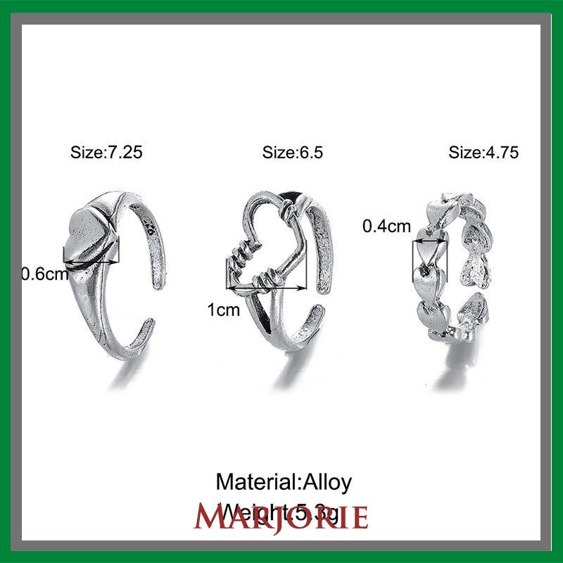 3pcs Cincin Model Terbuka Desain Gelombang Hati Warna Silver Gaya Vintage Untuk Wanita-MJD