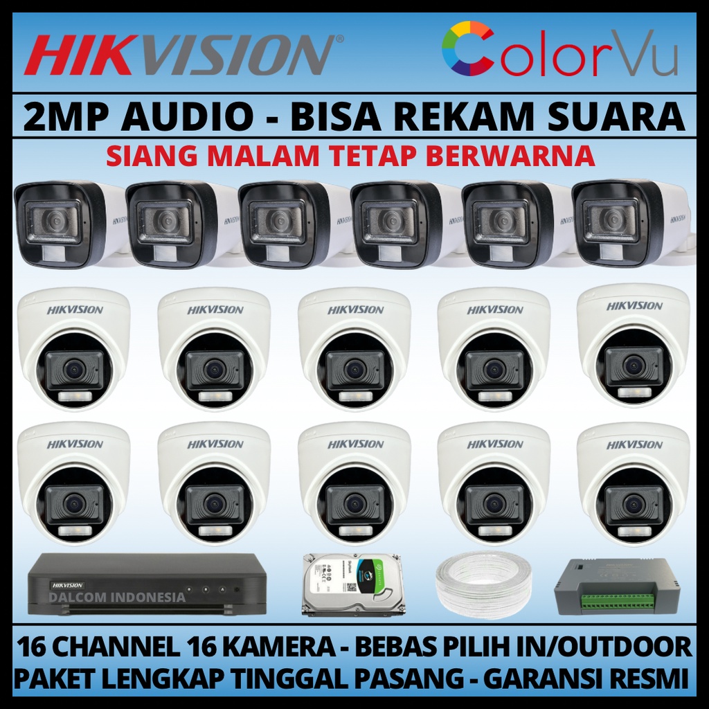 PAKET CCTV HIKVISION COLORVU 2MP 16 CHANNEL 16 KAMERA COLORFUL