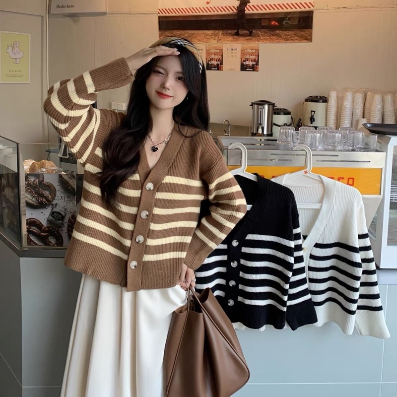 KNIT TOP STRIP CARDIGAN IMPORT WANITA LONG SLEEVE JACKET MX206