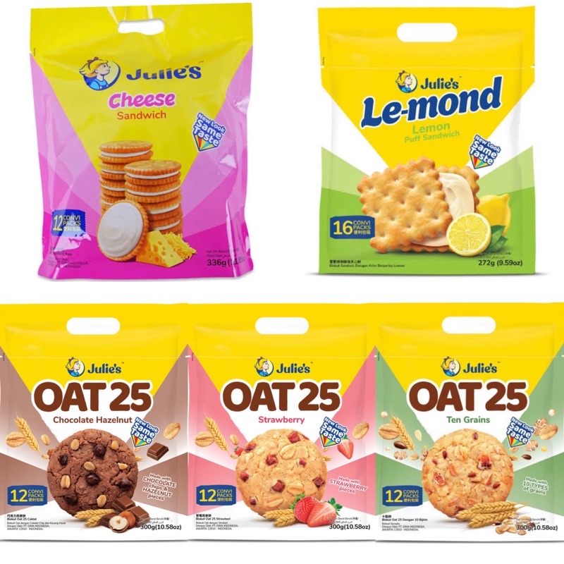 

Julie’s Oat 25 Ten Grains / Julie’s Oat 25 Strawberry / Julie’s Oat 25 Chocolate / Julie’s Lemond Puff Lemon Sandwich / Julie’s Cheese sandwich / Julie’s/Julies/Biscuits/Oat/25/Ten/Grains/Strawberry/Chocolate/Lemond/Puff/Lemon/Sandwich/Cheese