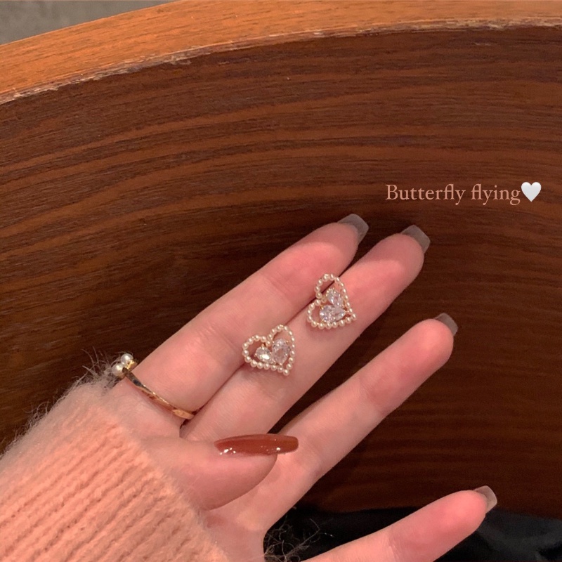 Roselife 1 Pasang Anting Tusuk Silver S925 Wanita Desain Hati Hias Kristal Zircon Mutiara Gaya Korea