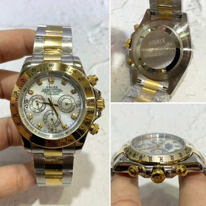 Jam Tangan Pria Rolex Daytona Cronograp Otomatis Super Premium Graden AAA Gold Kombi Putih