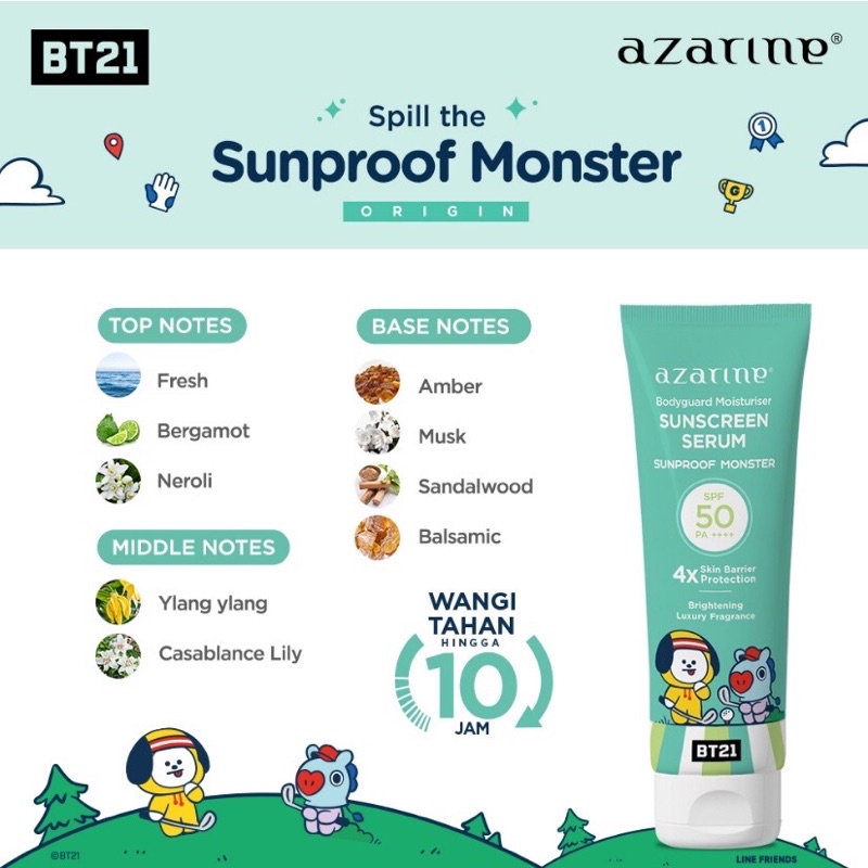 (BISA COD) AZARINE WITH BT21 PRESENT THE BODY GUARD SUNSCREEN SERUM SPF50 PA++++ WITH LUXURY FRAGRANCE