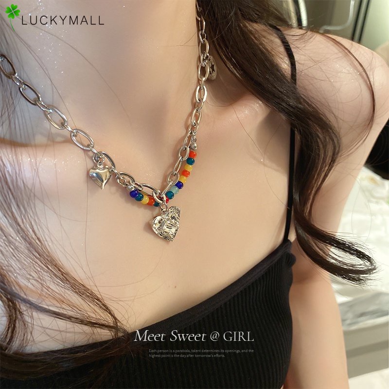 Y2k Kalung Choker Rantai Silver Hias Manik Hati Warna Warni Untuk Wanita