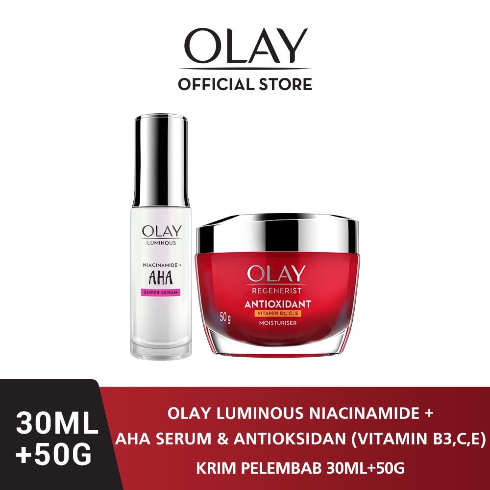 Olay Antioxidant Moisturizer 50gr Skin Barrier Cream Anti Aging + Niacinamide+AHA Serum 30ml Essence Pencerah Skin Care