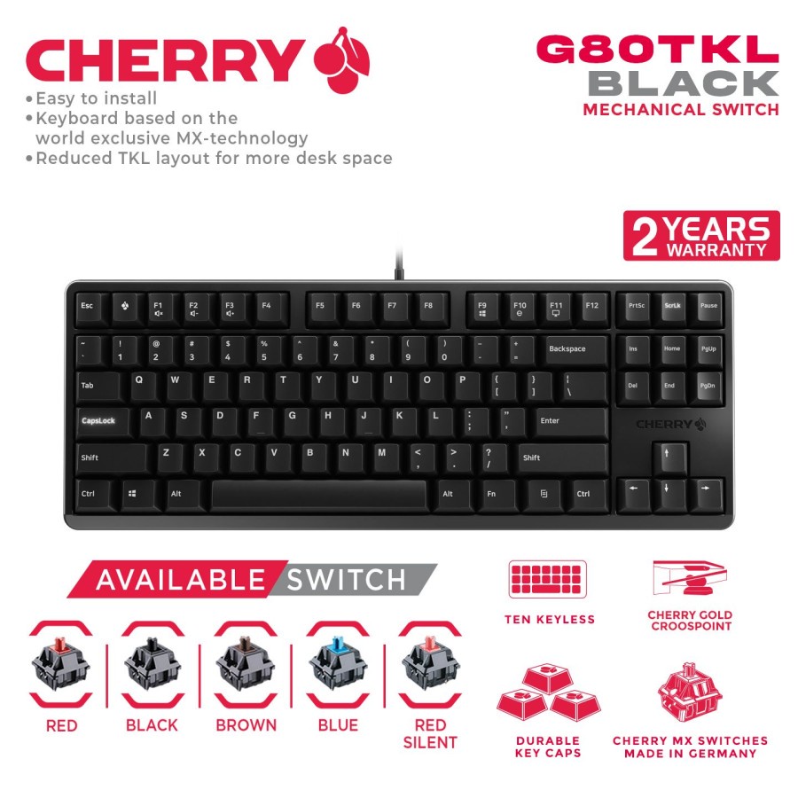 Keyboard gaming mechanical mx cherry wired usb 2.0 tkl 88 keys black g80-3000s 3000 s nbl