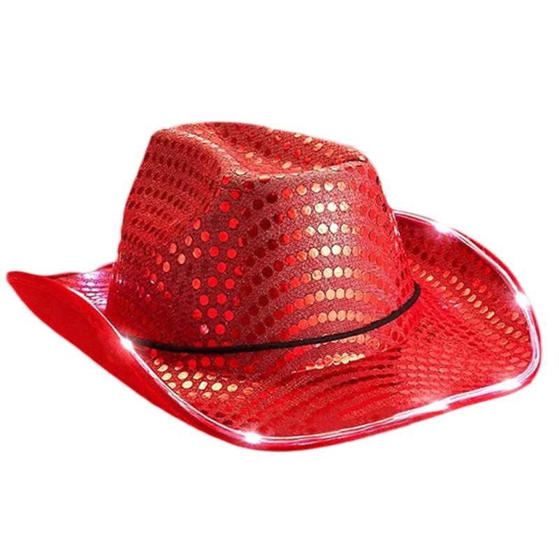 Topi Cowboy Hias Sequin Dengan Lampu LED Gaya Vintage