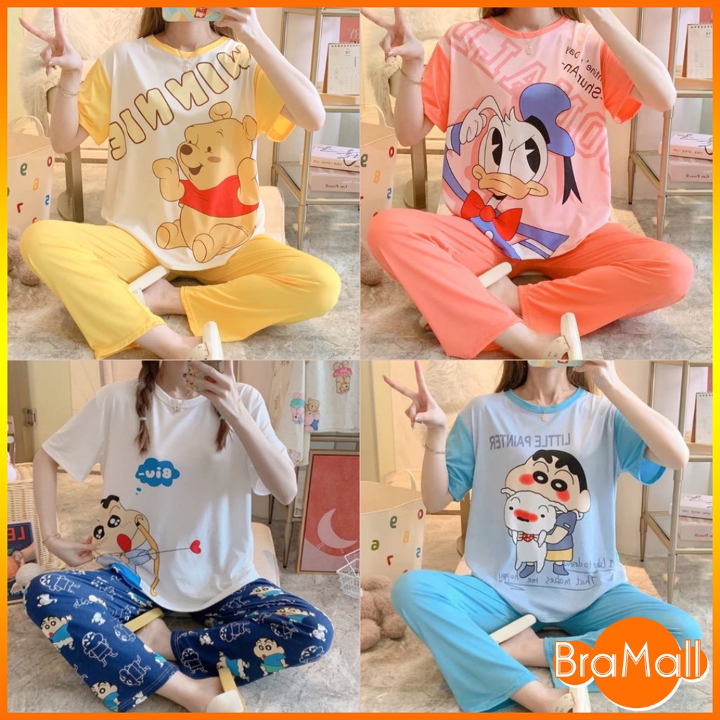 【 Bra Mall 】BM-317 Set Piyama Wanita Setelan Baju Tidur Lengan Pendek Import Motif Kartun