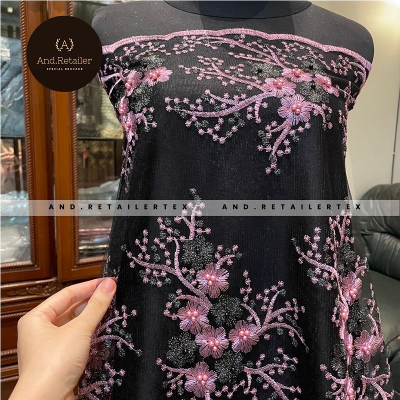 Bahan Kebaya Mewah Brokat Hitam Embroidery Stone Mutiara Athena 2 tone Dusty Pink