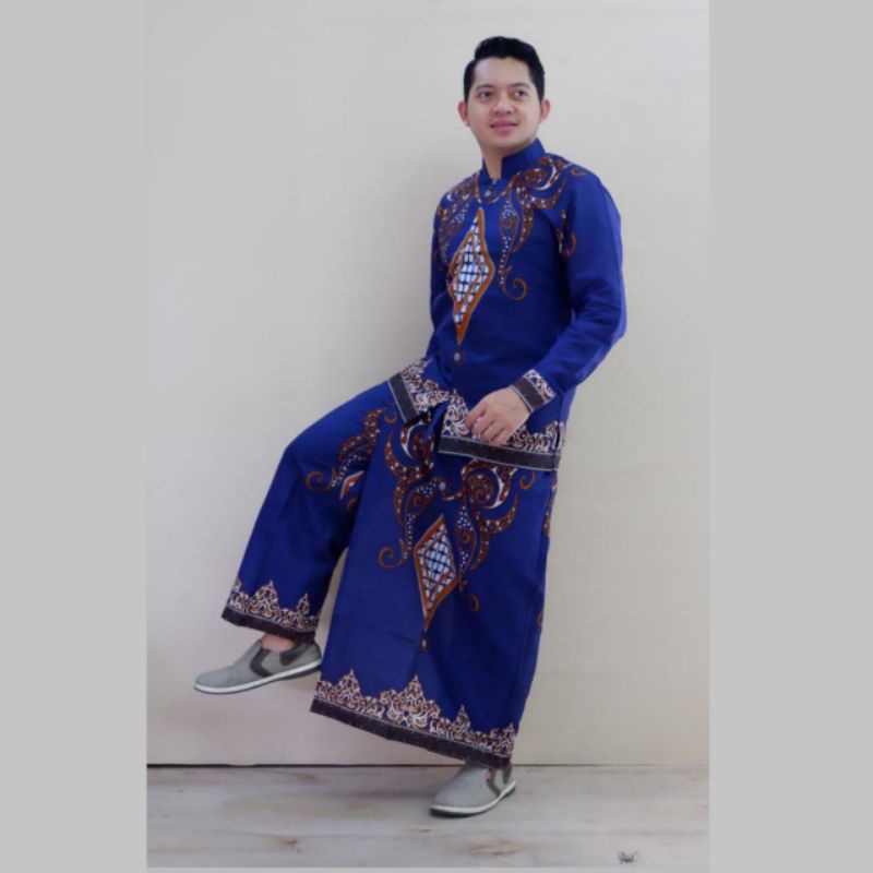 Fashion Muslim Baju Koko Setelan Sarung Celana Pria Dewasa Kombinasi Kemeja Batik Lengan Panjang Pen