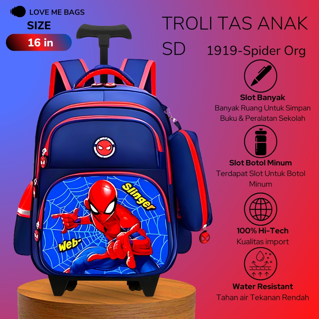 LMB Tas Troli Anak Laki Laki Sekolah SD Ransel Import Premium Karakter Gambar Superhero Timbul 6D Roda Dorong