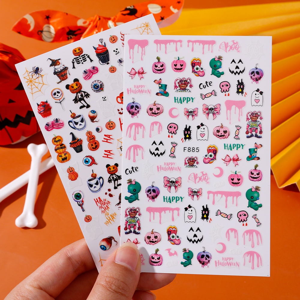 Stiker Kuku 3D Motif Labu Halloween Untuk Dekorasi Manicure