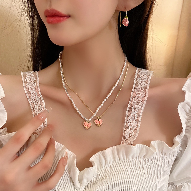 Anting Dan Kalung Rantai Liontin Hati Tulip Peach Warna Pink Gaya Korea Untuk Wanita