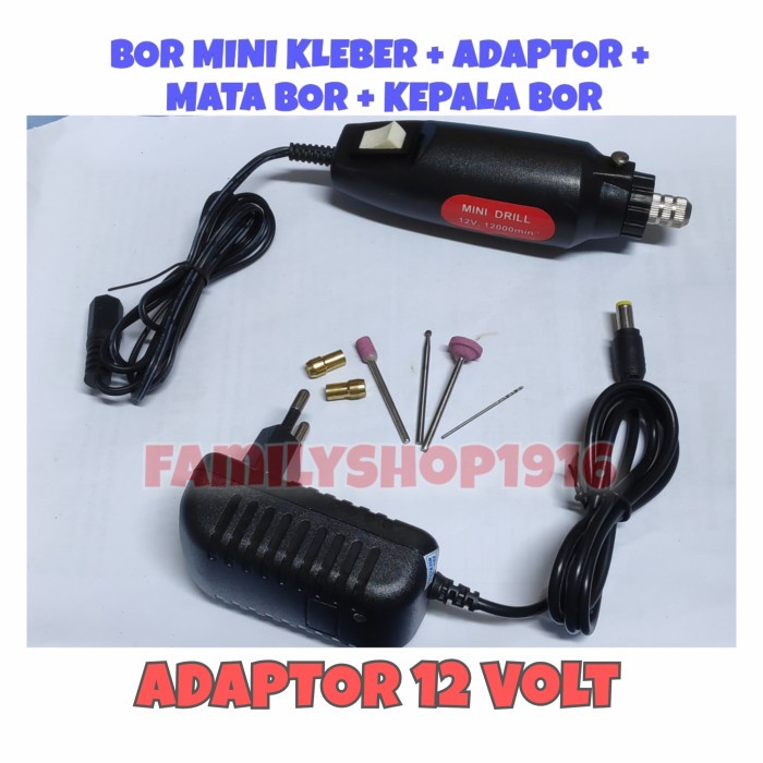 BOR MINI / MINI DRILL KLEBER + ADAPTOR 12V + MATA BOR + KEPALA BOR