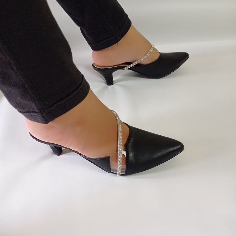 ROSSE Sepatu slip on hak 3 cm mutiara terbaru kekinian permata payet high heels 3cm bahan Doff, Vinn