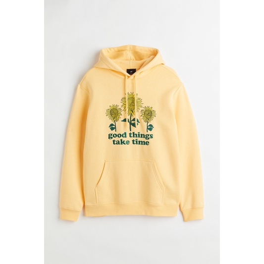 ( 8.8 ) Hoodie H&amp;M unisex Bordir Sunflower Good Things Take Time Light Yellow, Flecee Katun Lembut Tebal, Free Papperbag H&amp;M