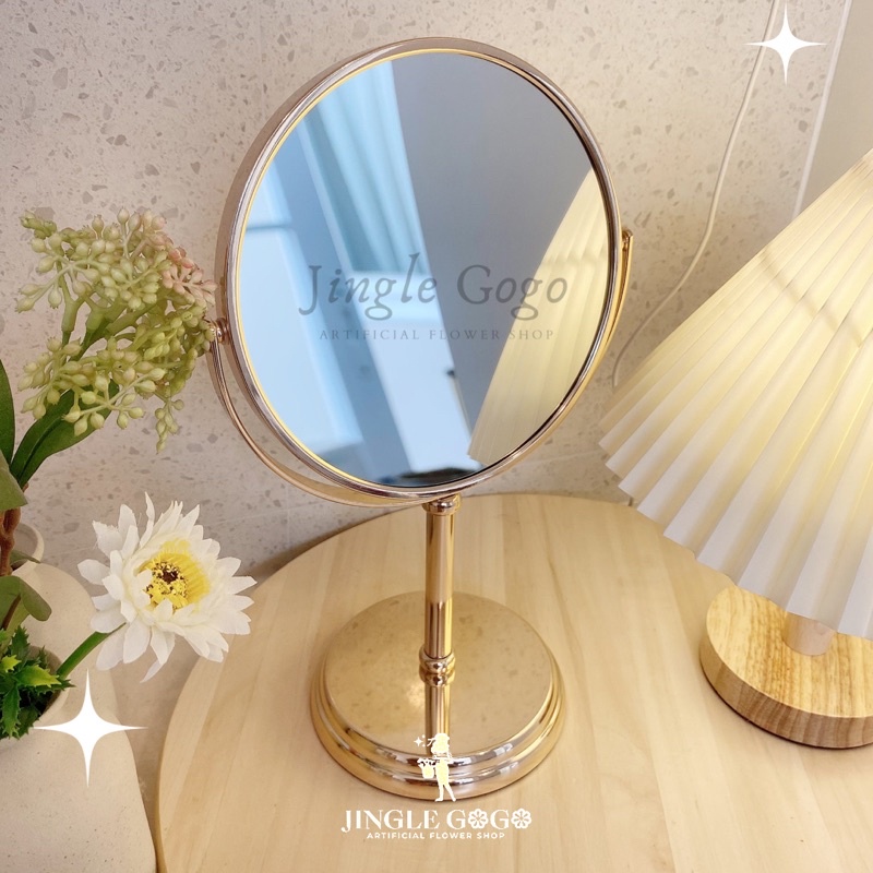Cermin Aesthetic Gold Kaca Meja Rias Makeup Premium Tebal Frame Emas Cermin Meja Zoom 2 sisi Dekoras