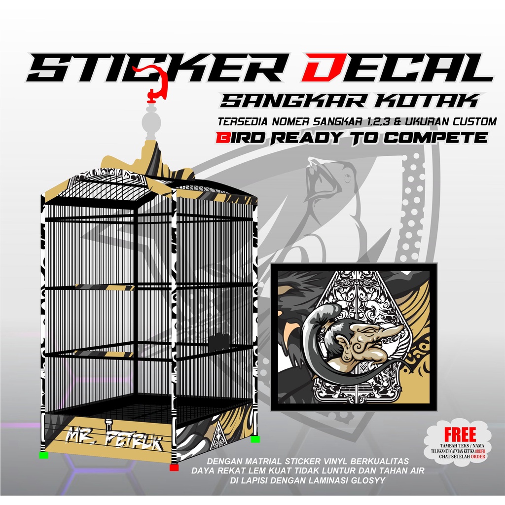 STICKER DECAL TEBOK EBOD SANGKAR BURUNG KOTAK NOMER 1,2,3 GAMBAR PETRUK KARTUN
