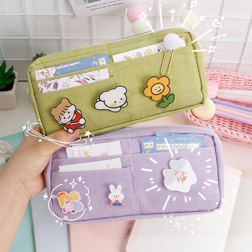 

MINKYS Kawaii Waterproof Canvas Big Capacity Brooch Pencil Case Cute Pencilcase Pouch Bag Kids Gift