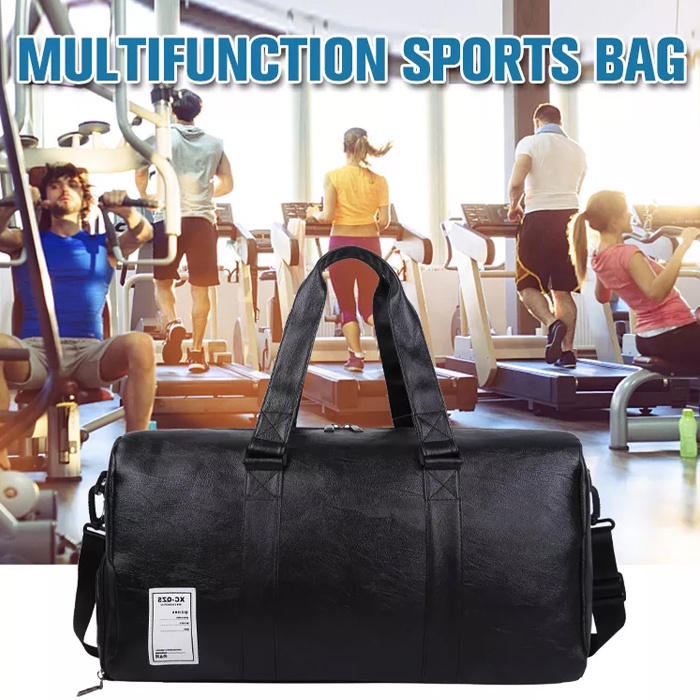 Gym Bag Tas Gym Pria Wanita Multifungsi Tenteng dan Selempang Bahan Kulit Sintetis Warna Hitam