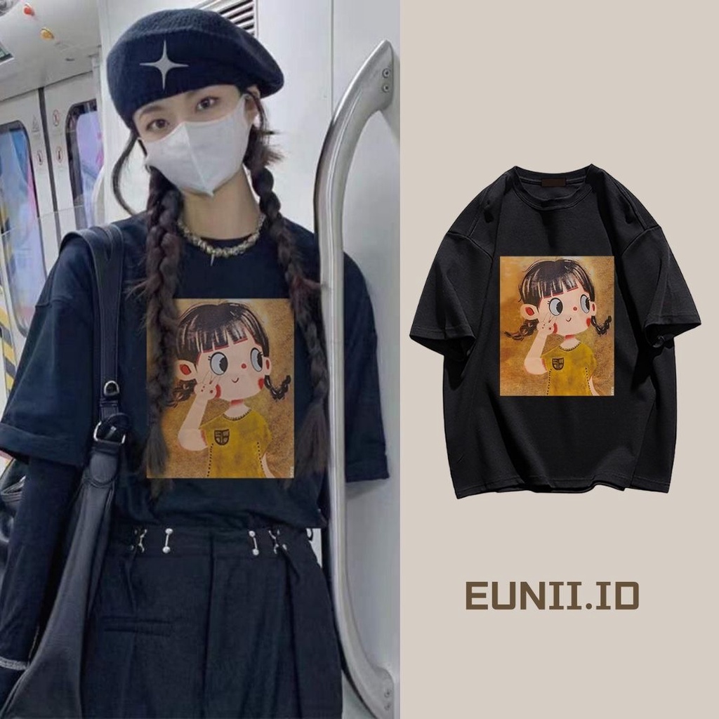 EUNII T-shirt Lengan Pendek Imut Gadis Kecil Pencetakan Longgar Korean Style/Kaos Atasan Wanita/Baju Kaus Oversize Wanita